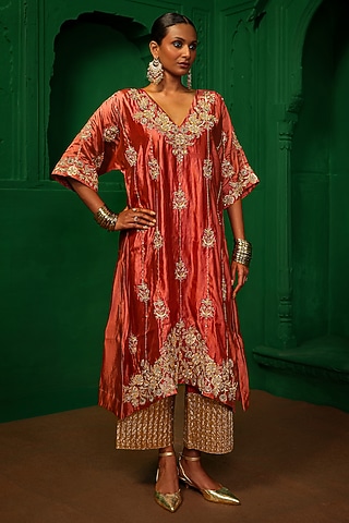 Old Rose Italian Silk Organza Zardosi Embroidered Kaftan Set by Charu Makkar