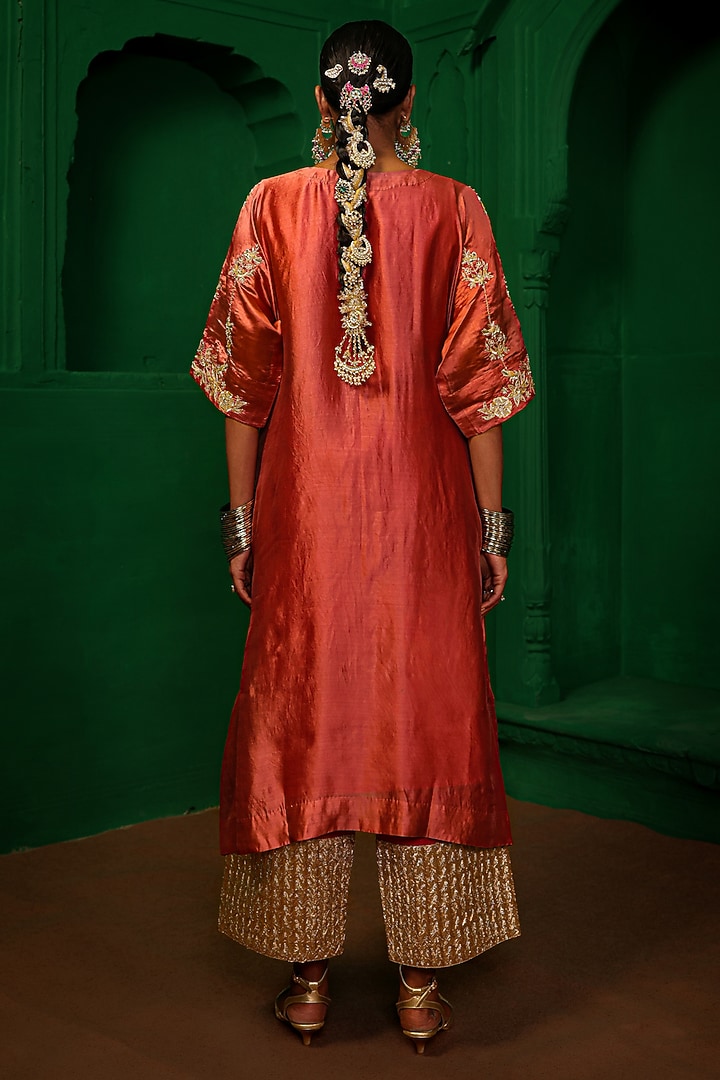 Old Rose Italian Silk Organza Zardosi Embroidered Kaftan Set by Charu Makkar at Pernia's Pop Up Shop