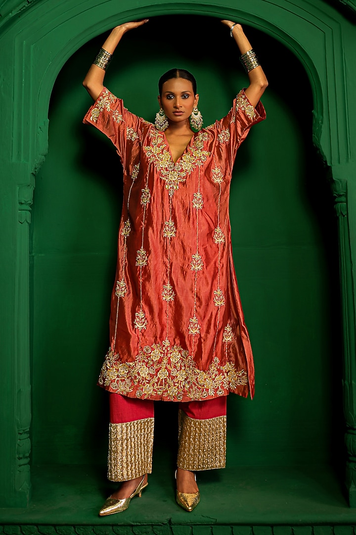 Old Rose Italian Silk Organza Zardosi Embroidered Kaftan Set by Charu Makkar at Pernia's Pop Up Shop
