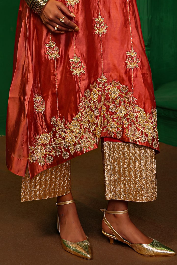 Old Rose Italian Silk Organza Zardosi Embroidered Kaftan Set by Charu Makkar at Pernia's Pop Up Shop