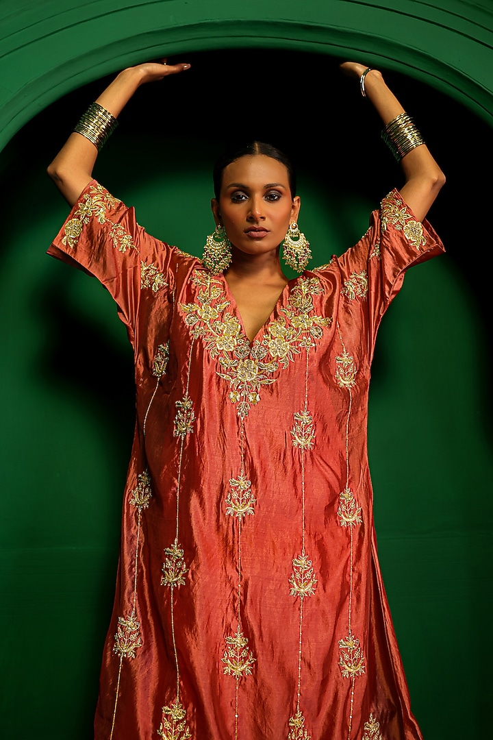 Old Rose Italian Silk Organza Zardosi Embroidered Kaftan Set by Charu Makkar at Pernia's Pop Up Shop