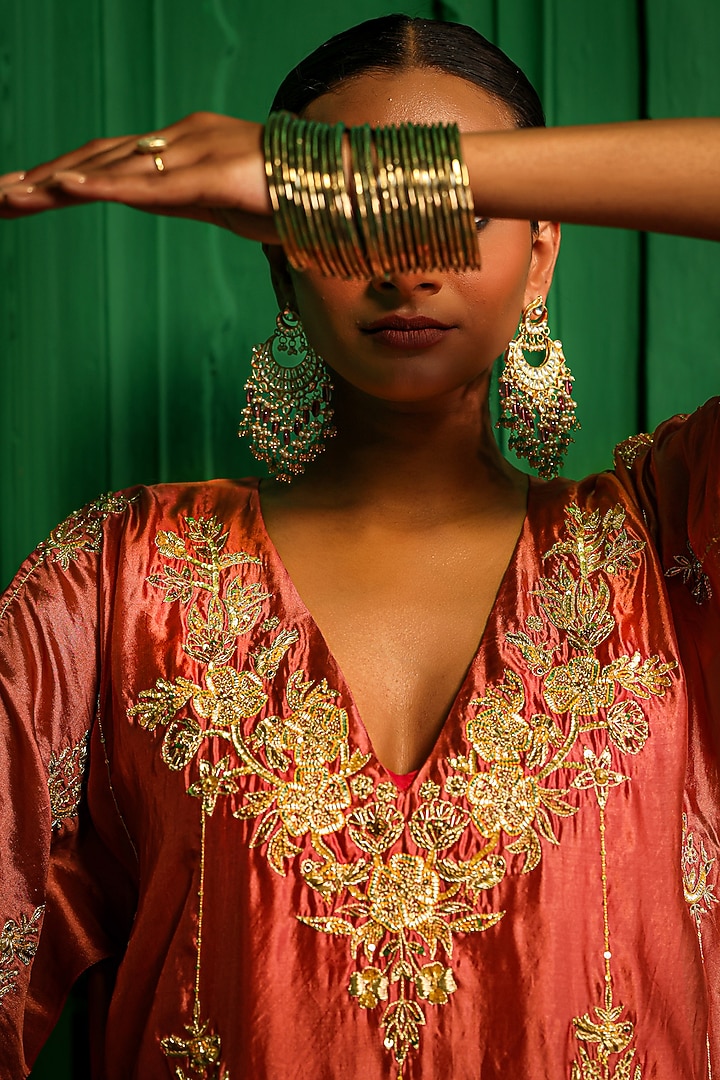 Old Rose Italian Silk Organza Zardosi Embroidered Kaftan Set by Charu Makkar at Pernia's Pop Up Shop