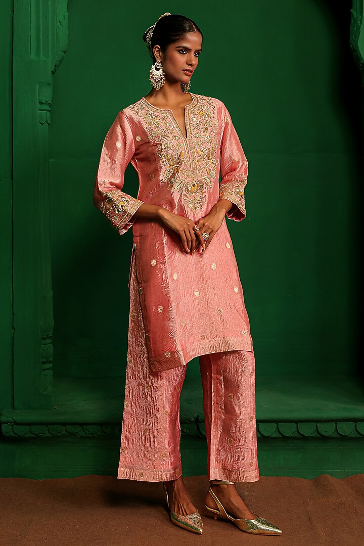 Rose Pink Crushed Tissue Zardosi Embroidered Kurta Set by Charu Makkar at Pernia's Pop Up Shop