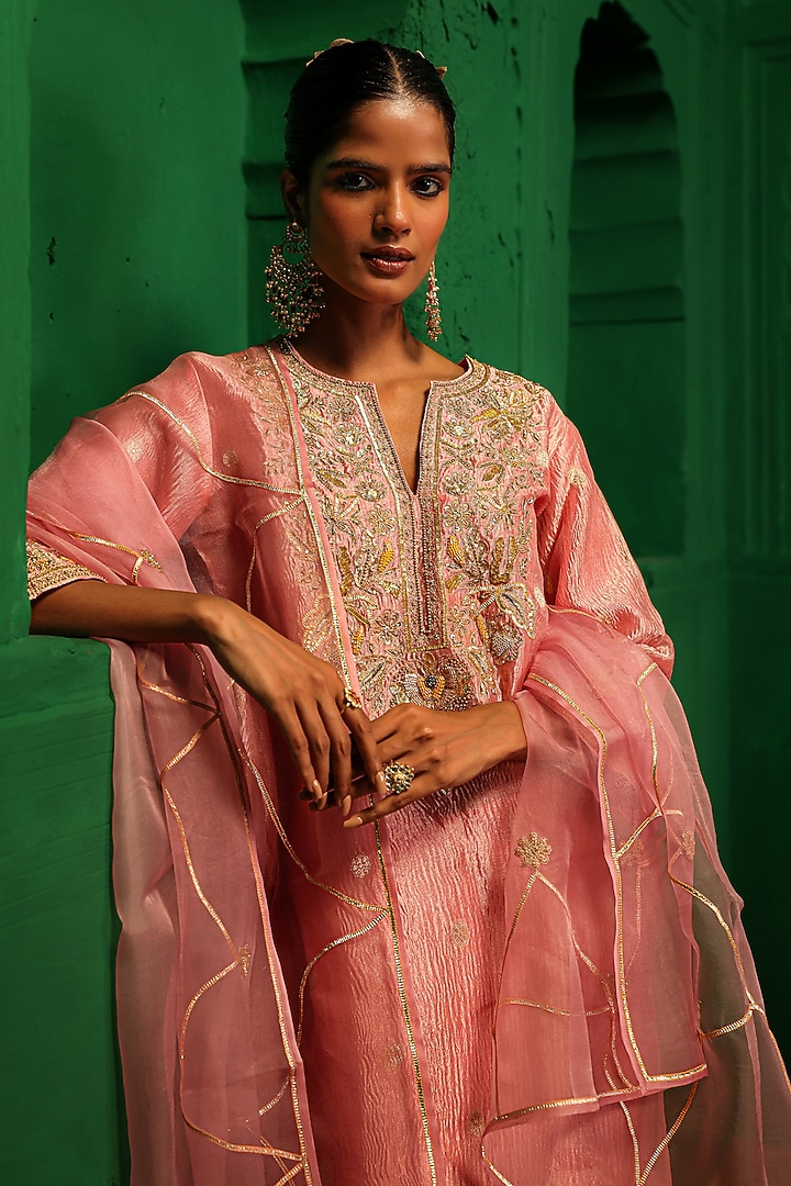 Rose Pink Crushed Tissue Zardosi Embroidered Kurta Set by Charu Makkar at Pernia's Pop Up Shop