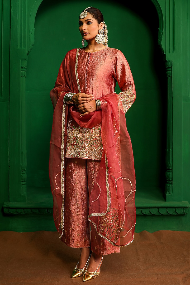 Old Rose Crushed Tissue Zardosi Embroidered Kurta Set by Charu Makkar at Pernia's Pop Up Shop