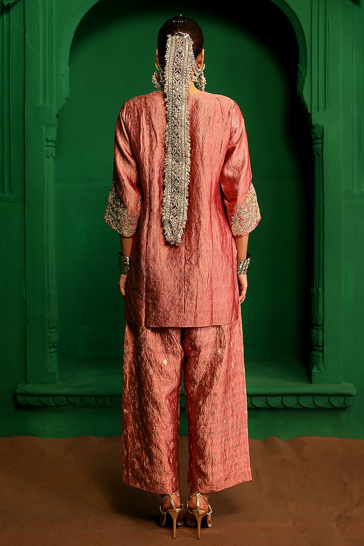 Old Rose Crushed Tissue Zardosi Embroidered Kurta Set by Charu Makkar at Pernia's Pop Up Shop