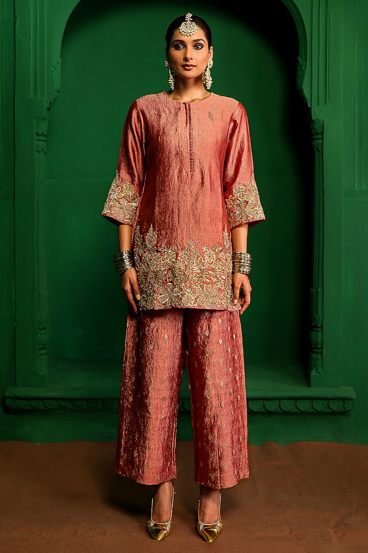 Old Rose Crushed Tissue Zardosi Embroidered Kurta Set by Charu Makkar at Pernia's Pop Up Shop