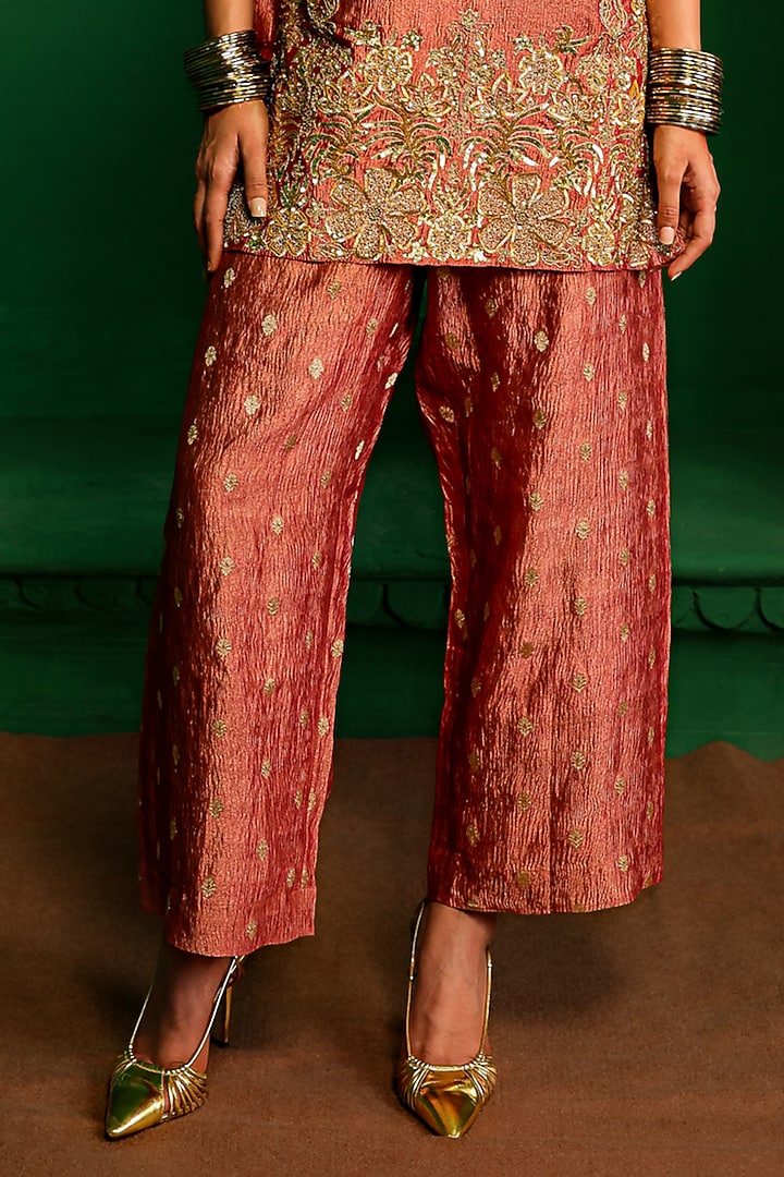 Old Rose Crushed Tissue Zardosi Embroidered Kurta Set by Charu Makkar at Pernia's Pop Up Shop