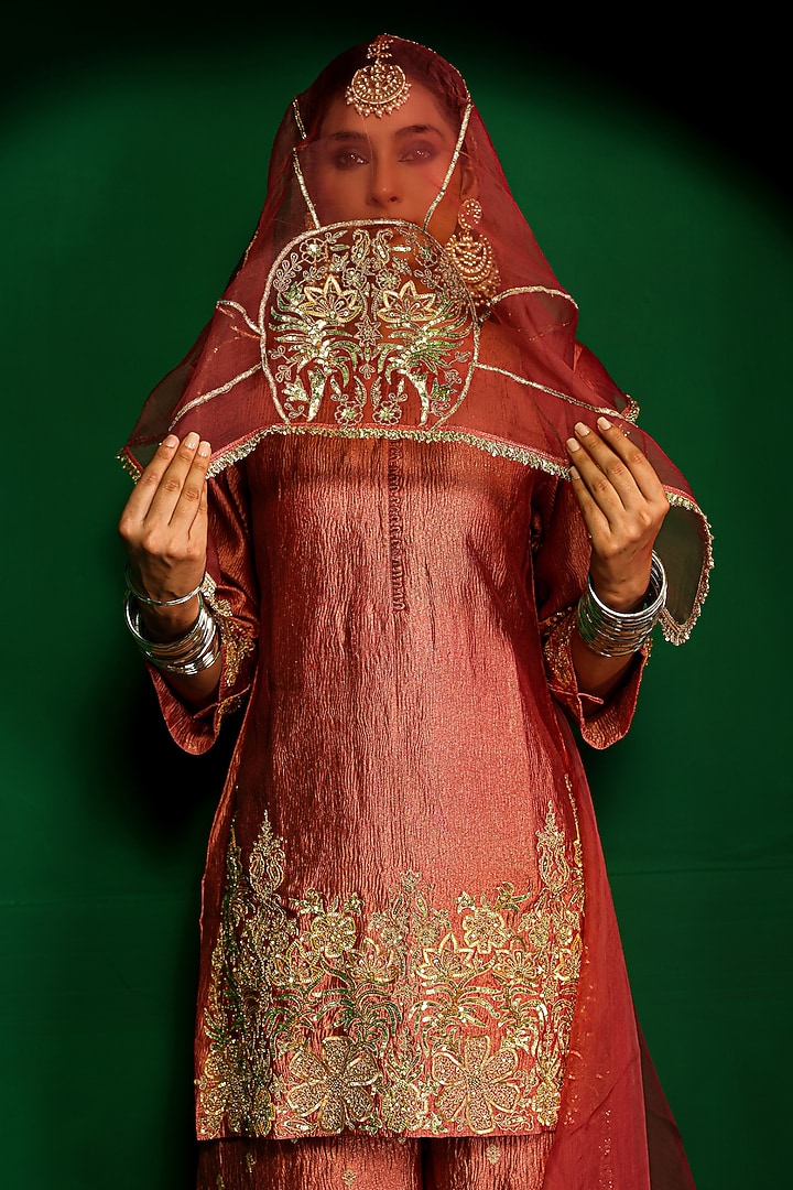 Old Rose Crushed Tissue Zardosi Embroidered Kurta Set by Charu Makkar at Pernia's Pop Up Shop