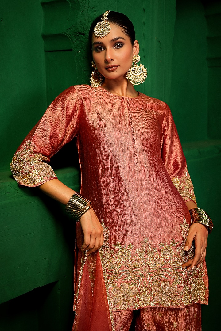 Old Rose Crushed Tissue Zardosi Embroidered Kurta Set by Charu Makkar at Pernia's Pop Up Shop