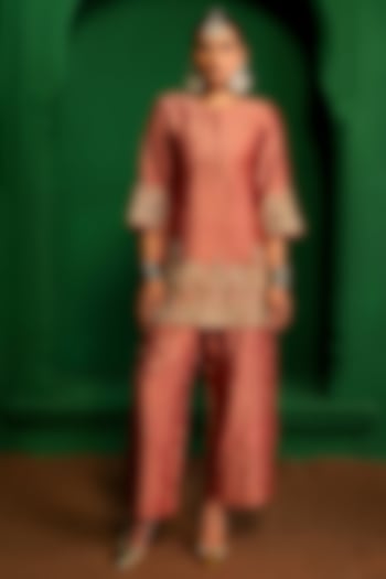 Old Rose Crushed Tissue Zardosi Embroidered Kurta Set by Charu Makkar at Pernia's Pop Up Shop