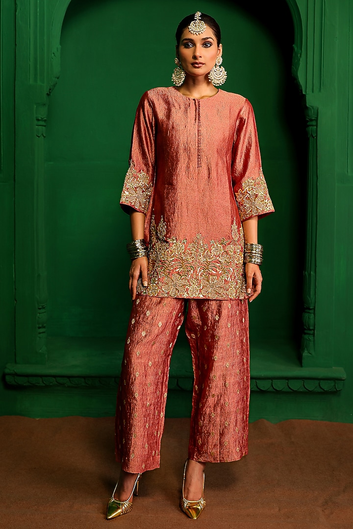 Old Rose Crushed Tissue Zardosi Embroidered Kurta Set by Charu Makkar at Pernia's Pop Up Shop