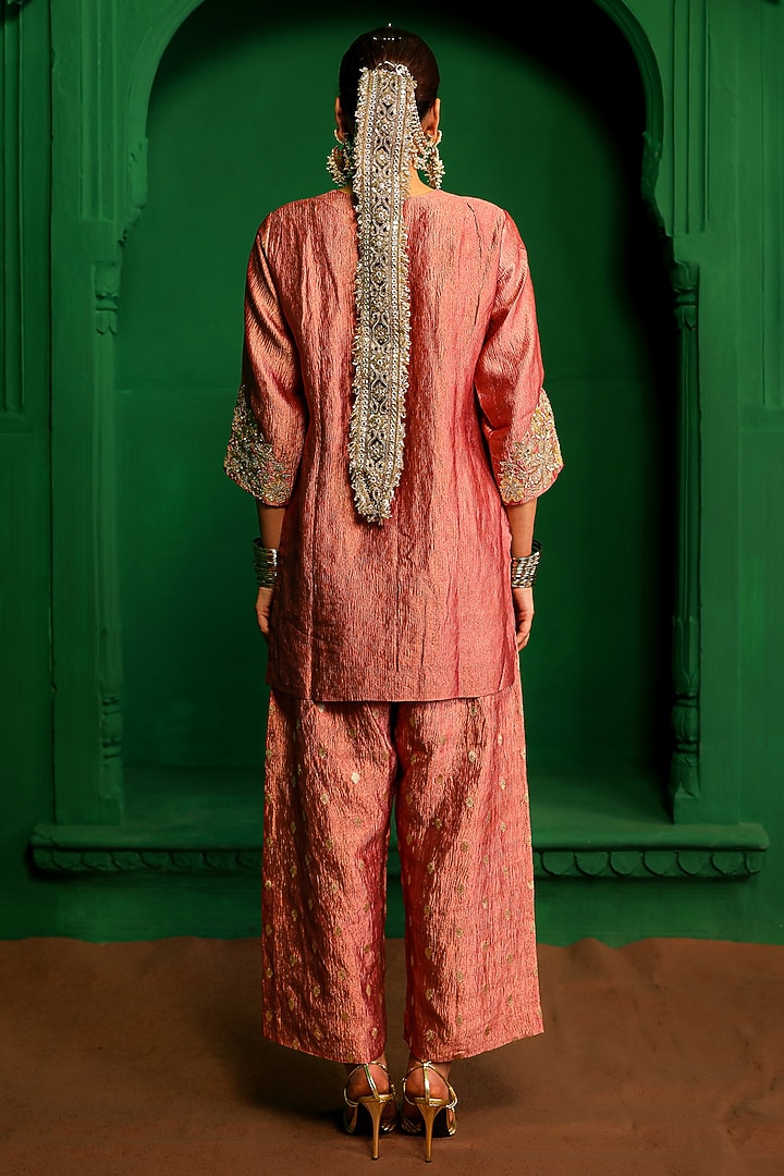 Old Rose Crushed Tissue Zardosi Embroidered Kurta Set by Charu Makkar at Pernia's Pop Up Shop