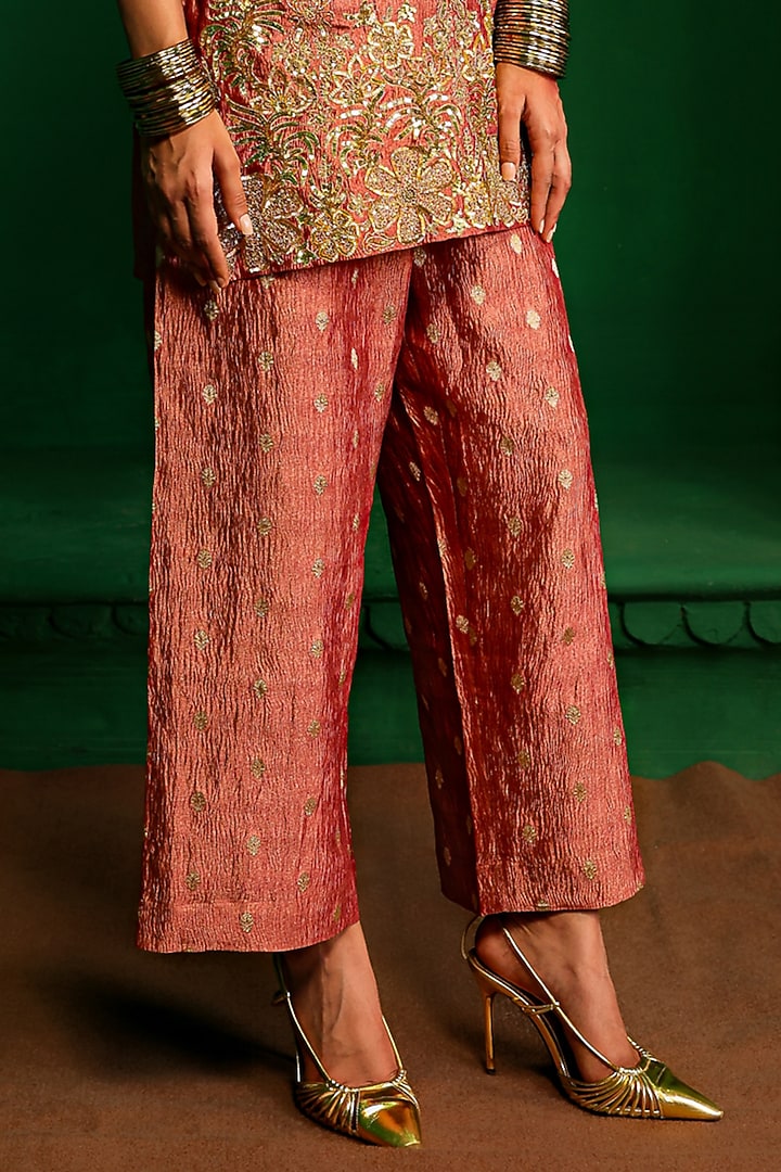 Old Rose Crushed Tissue Zardosi Embroidered Kurta Set by Charu Makkar at Pernia's Pop Up Shop