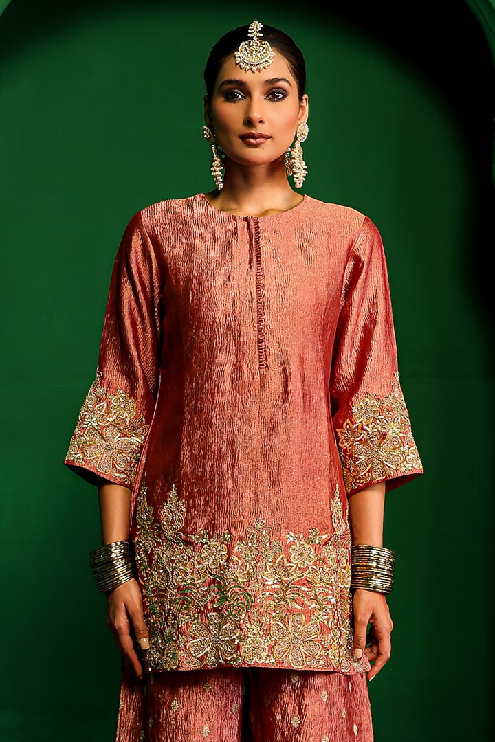 Old Rose Crushed Tissue Zardosi Embroidered Kurta Set by Charu Makkar at Pernia's Pop Up Shop