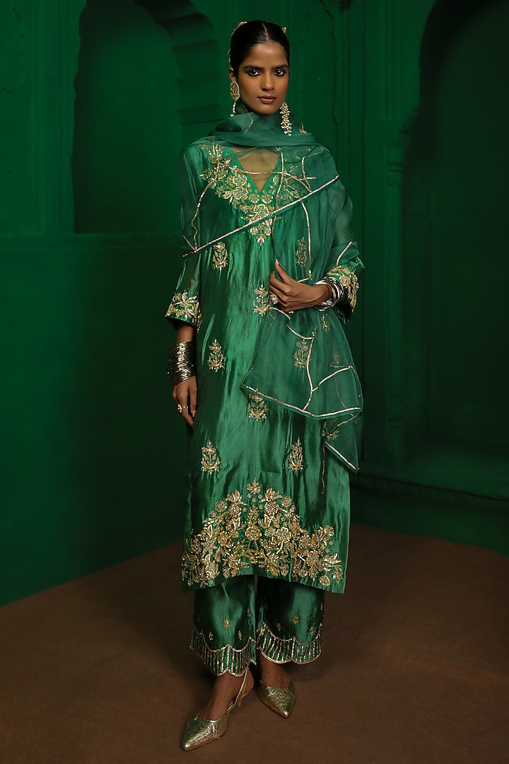 Forest Green Italian Silk Organza Zardosi Embroidered Kurta Set by Charu Makkar at Pernia's Pop Up Shop