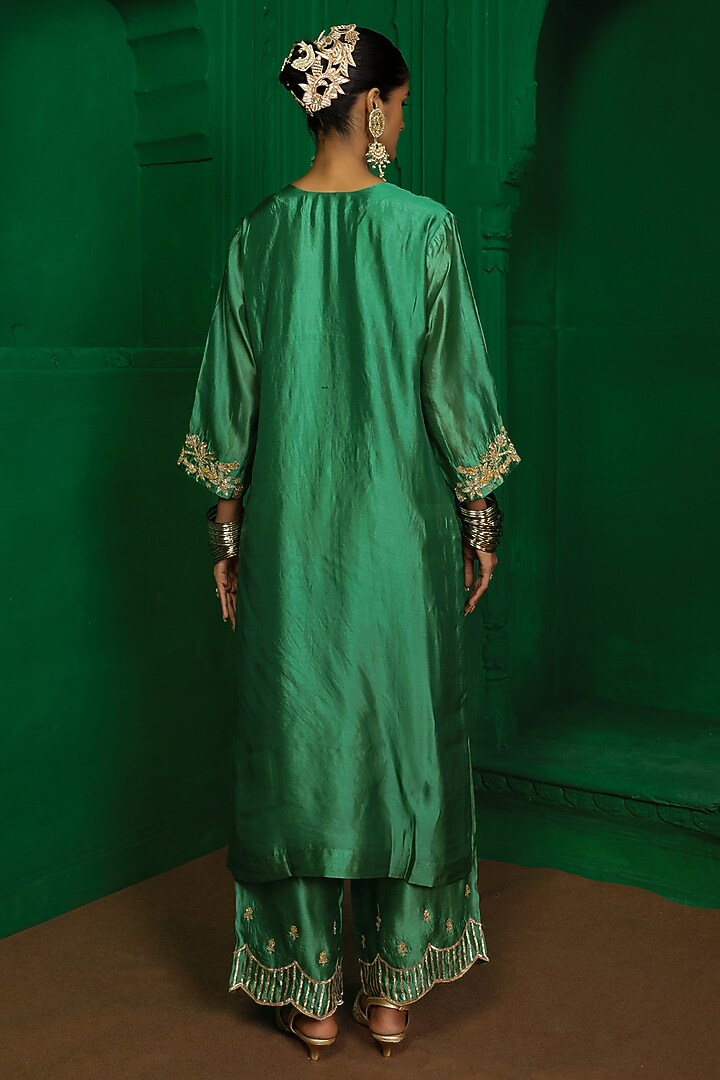 Forest Green Italian Silk Organza Zardosi Embroidered Kurta Set by Charu Makkar at Pernia's Pop Up Shop