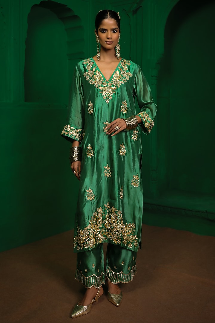 Forest Green Italian Silk Organza Zardosi Embroidered Kurta Set by Charu Makkar at Pernia's Pop Up Shop