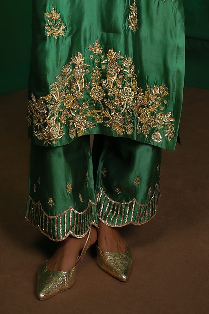 Forest Green Italian Silk Organza Zardosi Embroidered Kurta Set by Charu Makkar at Pernia's Pop Up Shop