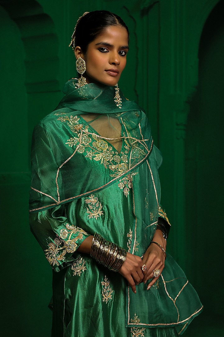 Forest Green Italian Silk Organza Zardosi Embroidered Kurta Set by Charu Makkar at Pernia's Pop Up Shop