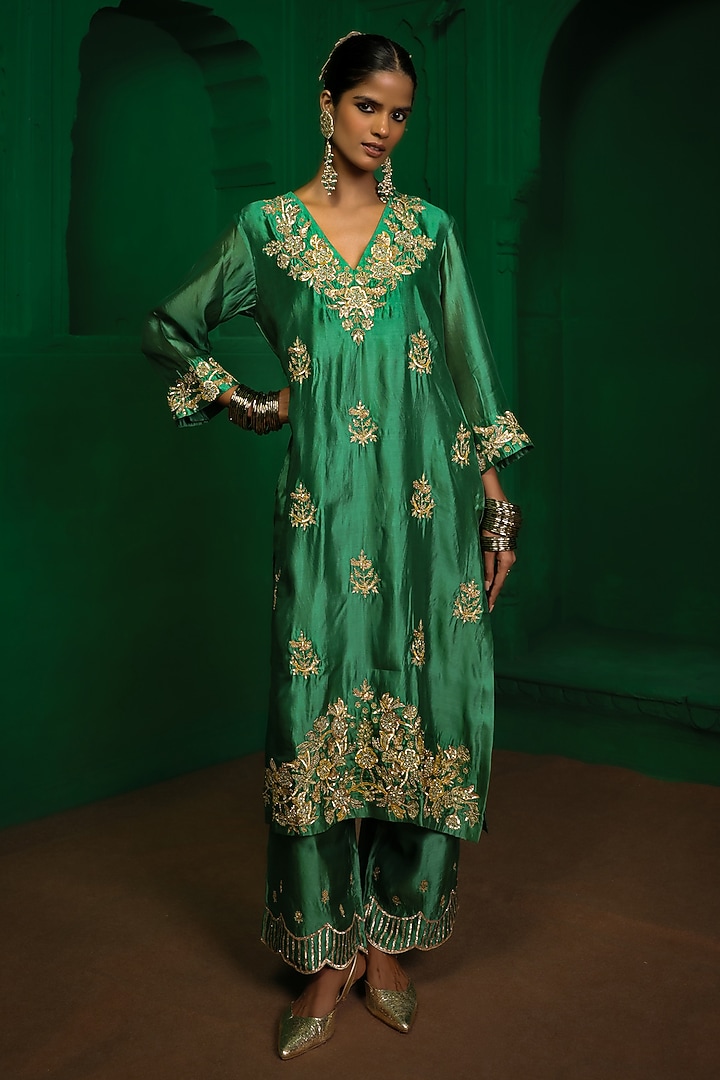 Forest Green Italian Silk Organza Zardosi Embroidered Kurta Set by Charu Makkar at Pernia's Pop Up Shop
