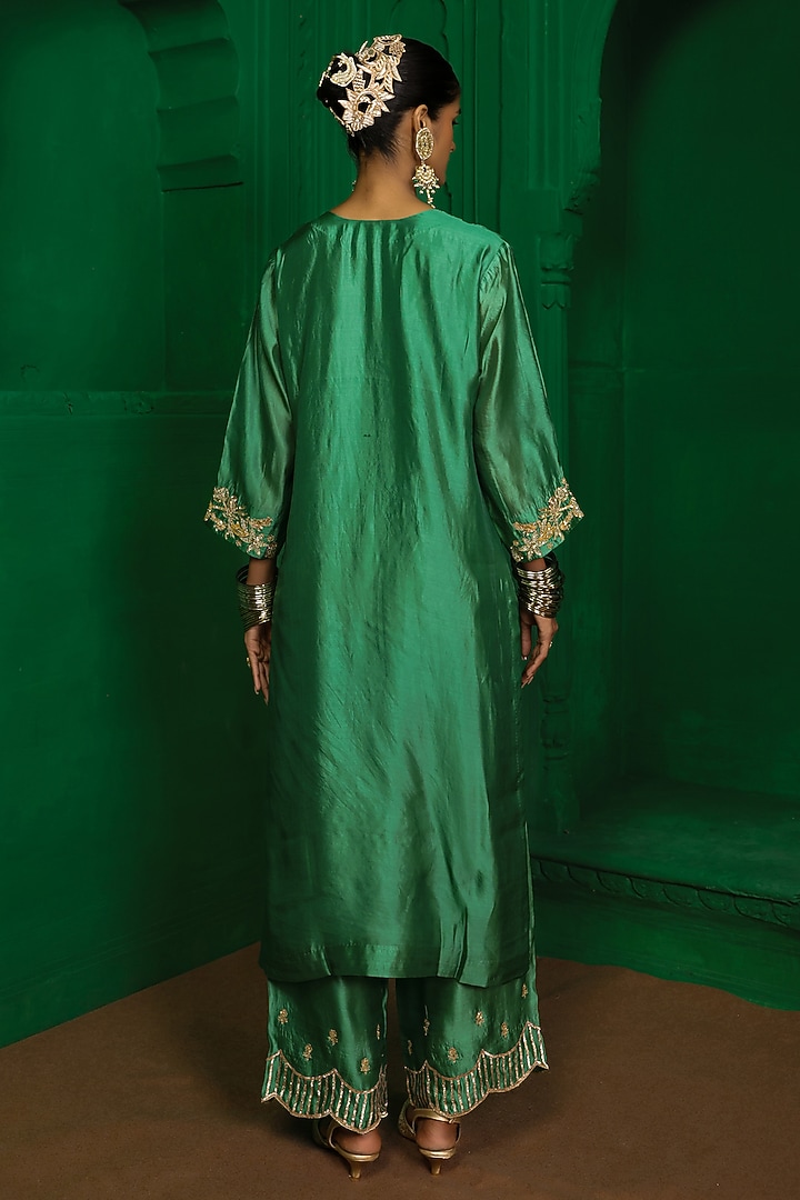 Forest Green Italian Silk Organza Zardosi Embroidered Kurta Set by Charu Makkar at Pernia's Pop Up Shop