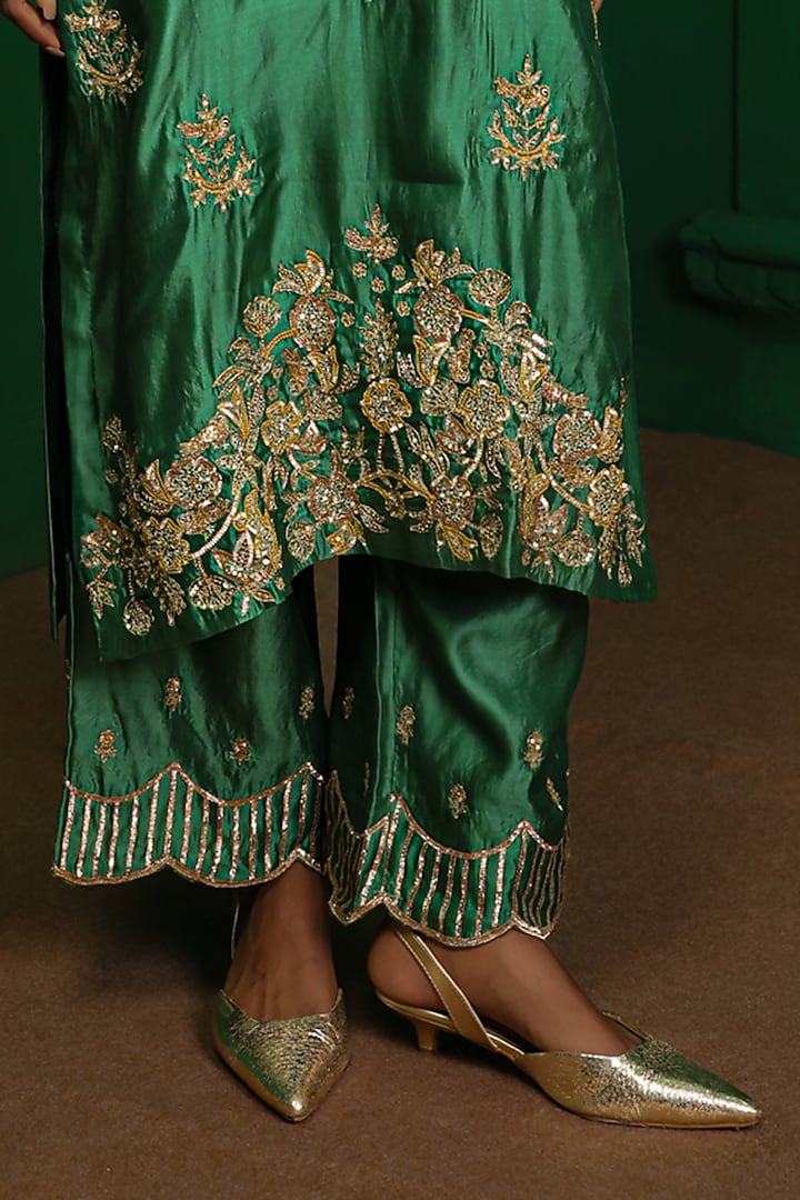 Forest Green Italian Silk Organza Zardosi Embroidered Kurta Set by Charu Makkar at Pernia's Pop Up Shop