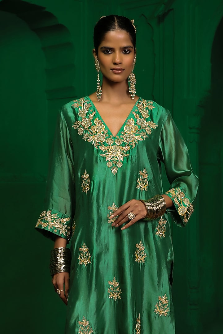 Forest Green Italian Silk Organza Zardosi Embroidered Kurta Set by Charu Makkar at Pernia's Pop Up Shop