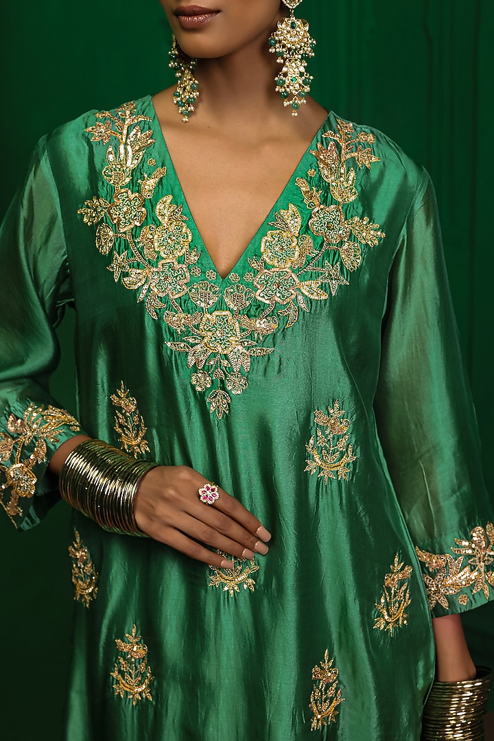 Forest Green Italian Silk Organza Zardosi Embroidered Kurta Set by Charu Makkar at Pernia's Pop Up Shop
