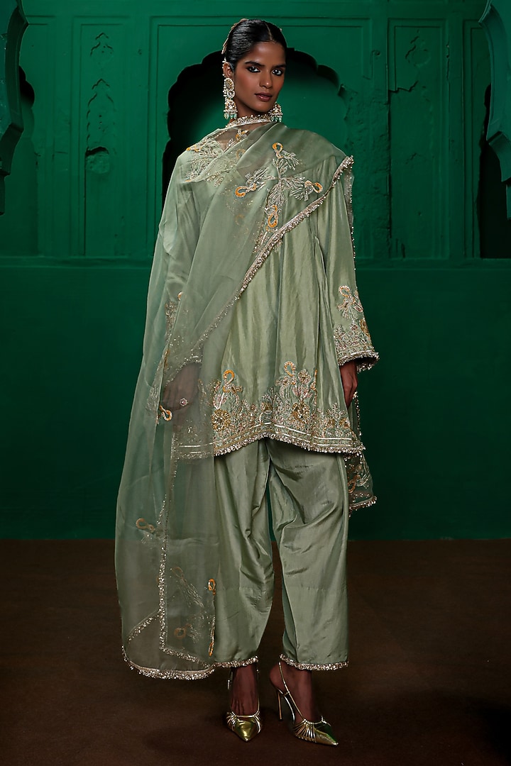 Sage Green Silk Habutai Zardosi Embroidered Kurta Set by Charu Makkar at Pernia's Pop Up Shop