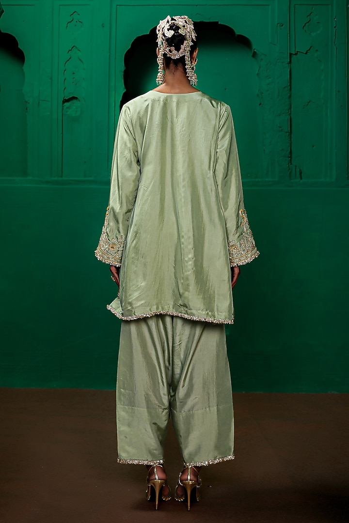 Sage Green Silk Habutai Zardosi Embroidered Kurta Set by Charu Makkar at Pernia's Pop Up Shop