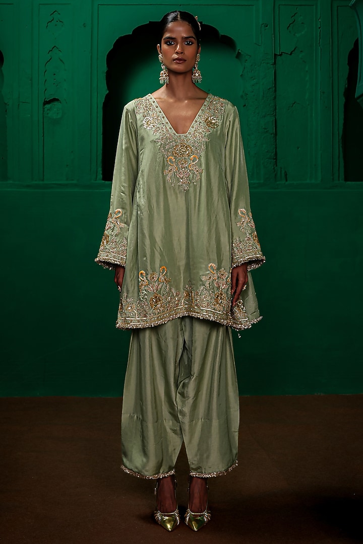 Sage Green Silk Habutai Zardosi Embroidered Kurta Set by Charu Makkar at Pernia's Pop Up Shop