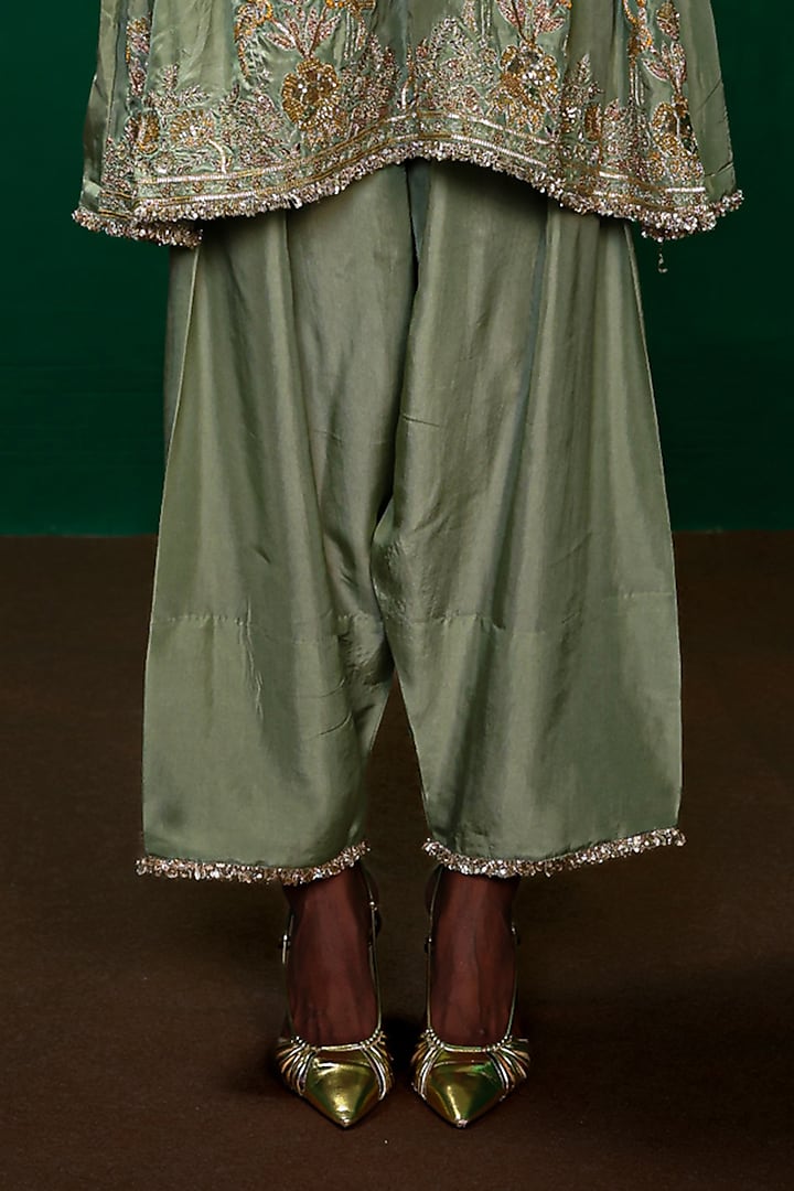 Sage Green Silk Habutai Zardosi Embroidered Kurta Set by Charu Makkar at Pernia's Pop Up Shop