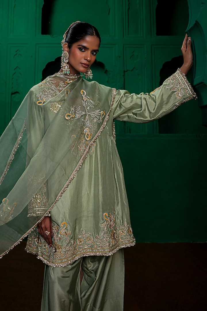 Sage Green Silk Habutai Zardosi Embroidered Kurta Set by Charu Makkar at Pernia's Pop Up Shop