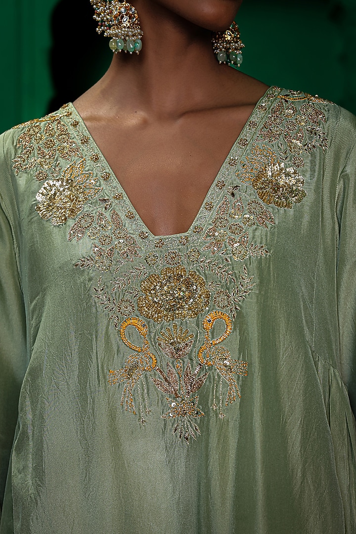 Sage Green Silk Habutai Zardosi Embroidered Kurta Set by Charu Makkar at Pernia's Pop Up Shop