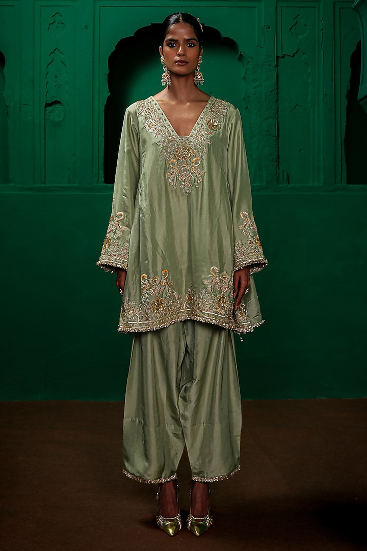 Sage Green Silk Habutai Zardosi Embroidered Kurta Set by Charu Makkar at Pernia's Pop Up Shop
