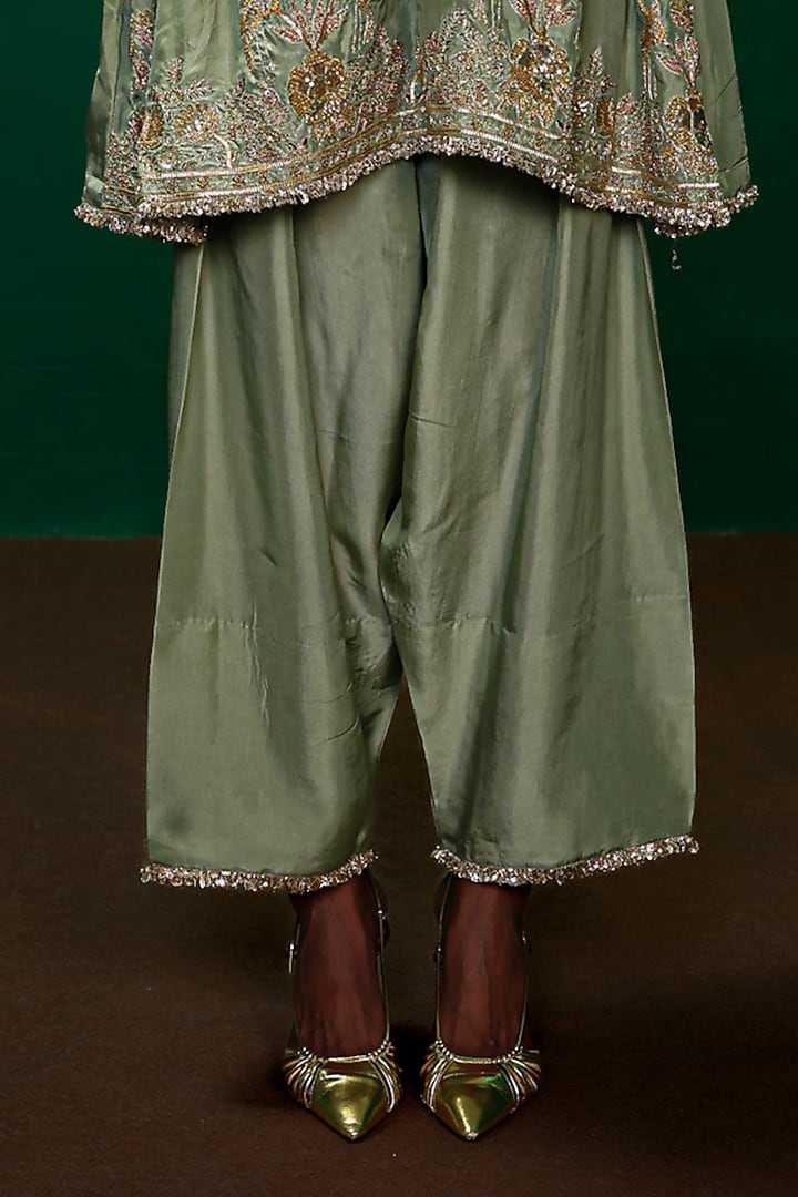 Sage Green Silk Habutai Zardosi Embroidered Kurta Set by Charu Makkar at Pernia's Pop Up Shop