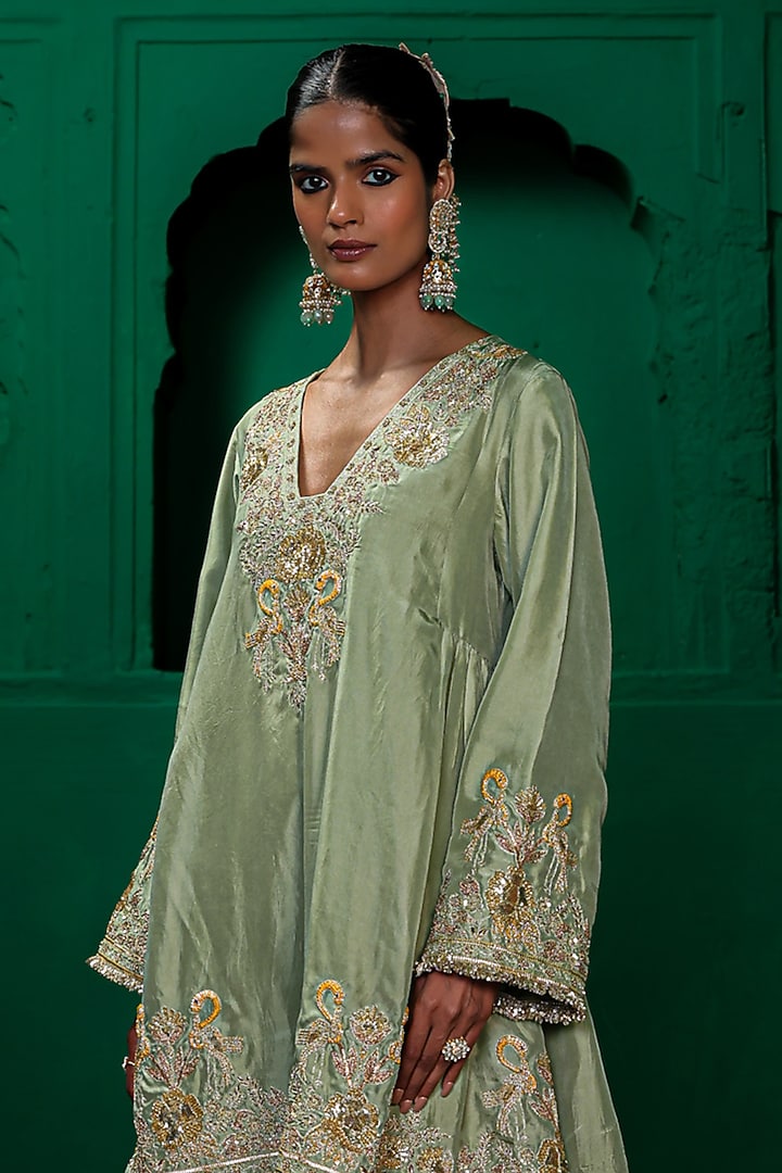 Sage Green Silk Habutai Zardosi Embroidered Kurta Set by Charu Makkar at Pernia's Pop Up Shop