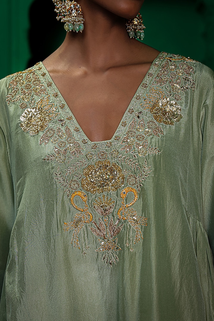 Sage Green Silk Habutai Zardosi Embroidered Kurta Set by Charu Makkar at Pernia's Pop Up Shop