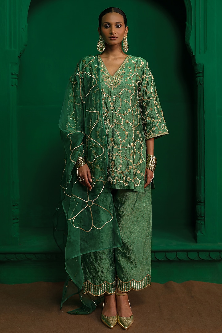 Forest Green Crushed Tissue Zardosi Embroidered Kurta Set by Charu Makkar at Pernia's Pop Up Shop