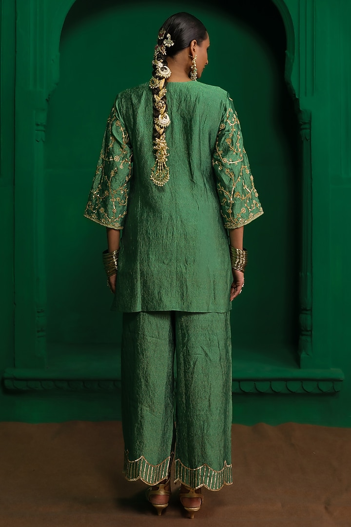 Forest Green Crushed Tissue Zardosi Embroidered Kurta Set by Charu Makkar at Pernia's Pop Up Shop