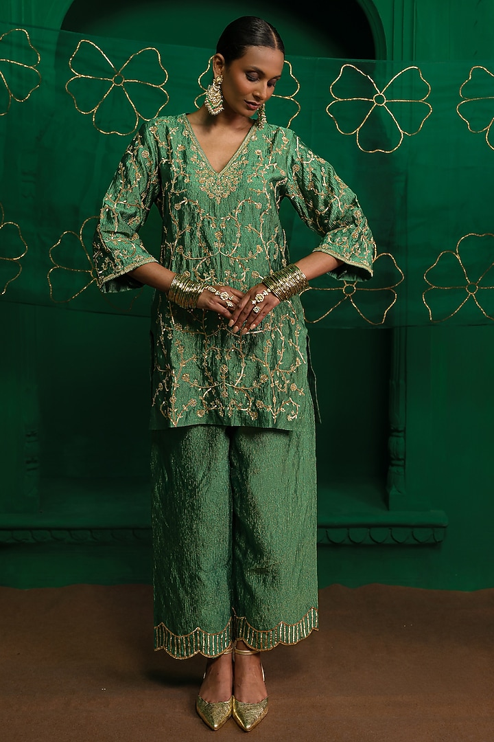 Forest Green Crushed Tissue Zardosi Embroidered Kurta Set by Charu Makkar at Pernia's Pop Up Shop