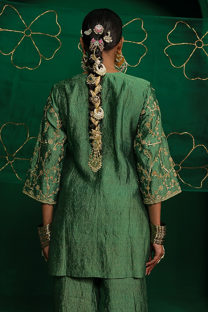 Forest Green Crushed Tissue Zardosi Embroidered Kurta Set by Charu Makkar at Pernia's Pop Up Shop