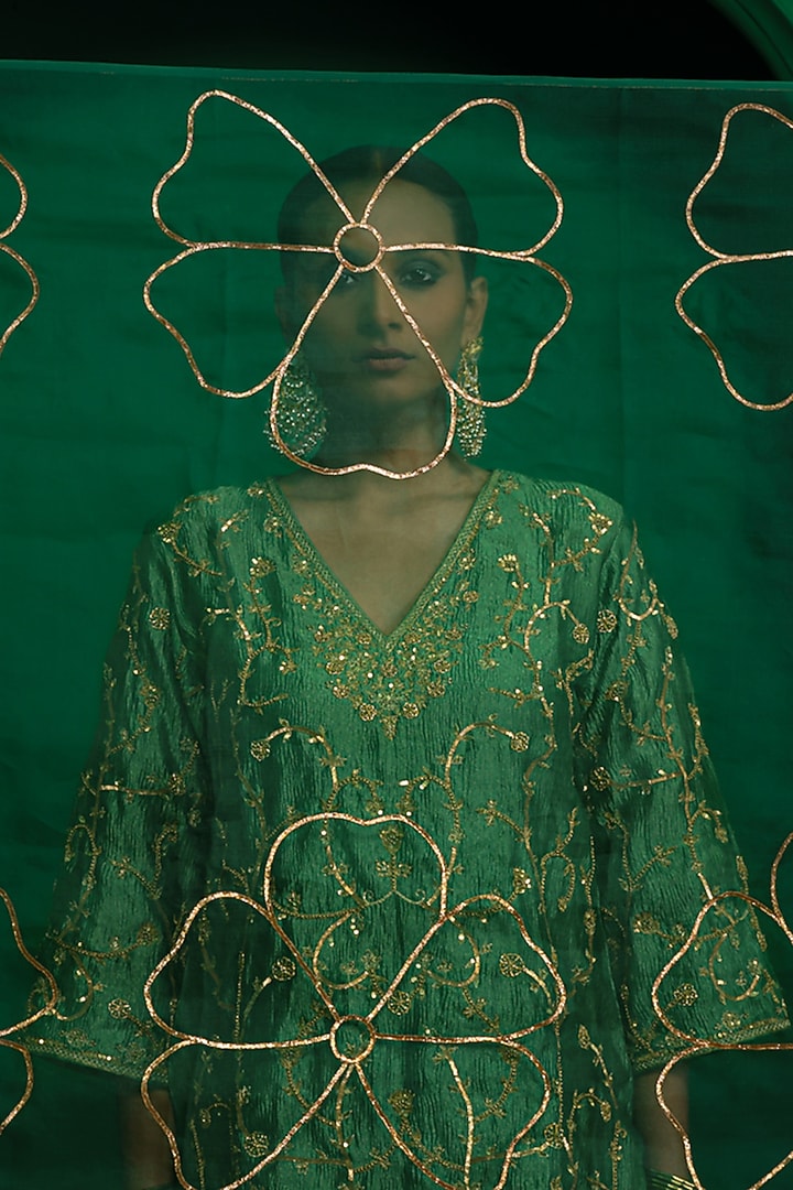 Forest Green Crushed Tissue Zardosi Embroidered Kurta Set by Charu Makkar at Pernia's Pop Up Shop