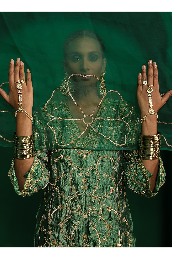 Forest Green Crushed Tissue Zardosi Embroidered Kurta Set by Charu Makkar at Pernia's Pop Up Shop