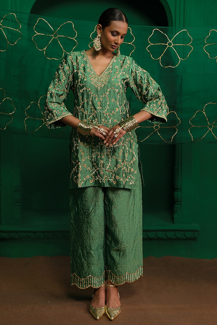 Forest Green Crushed Tissue Zardosi Embroidered Kurta Set by Charu Makkar at Pernia's Pop Up Shop