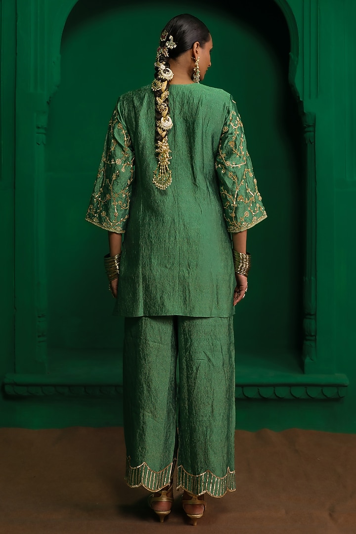 Forest Green Crushed Tissue Zardosi Embroidered Kurta Set by Charu Makkar at Pernia's Pop Up Shop
