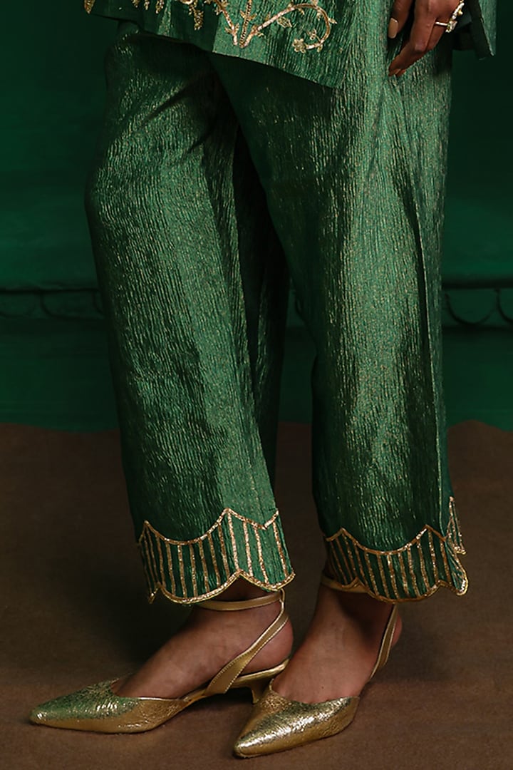 Forest Green Crushed Tissue Zardosi Embroidered Kurta Set by Charu Makkar at Pernia's Pop Up Shop