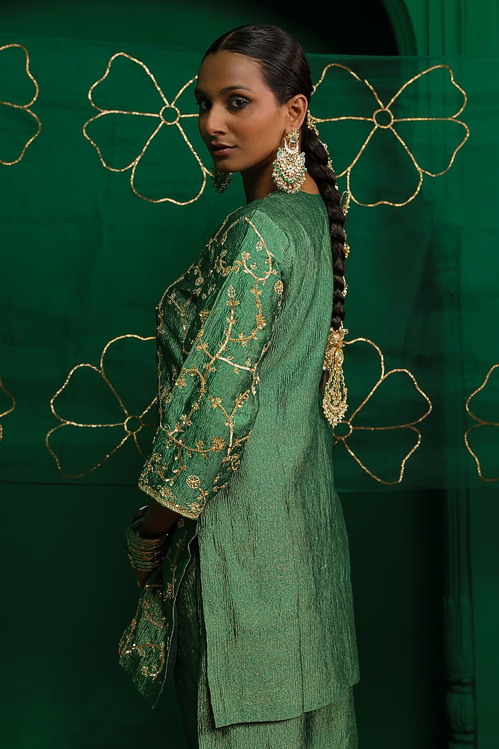Forest Green Crushed Tissue Zardosi Embroidered Kurta Set by Charu Makkar at Pernia's Pop Up Shop