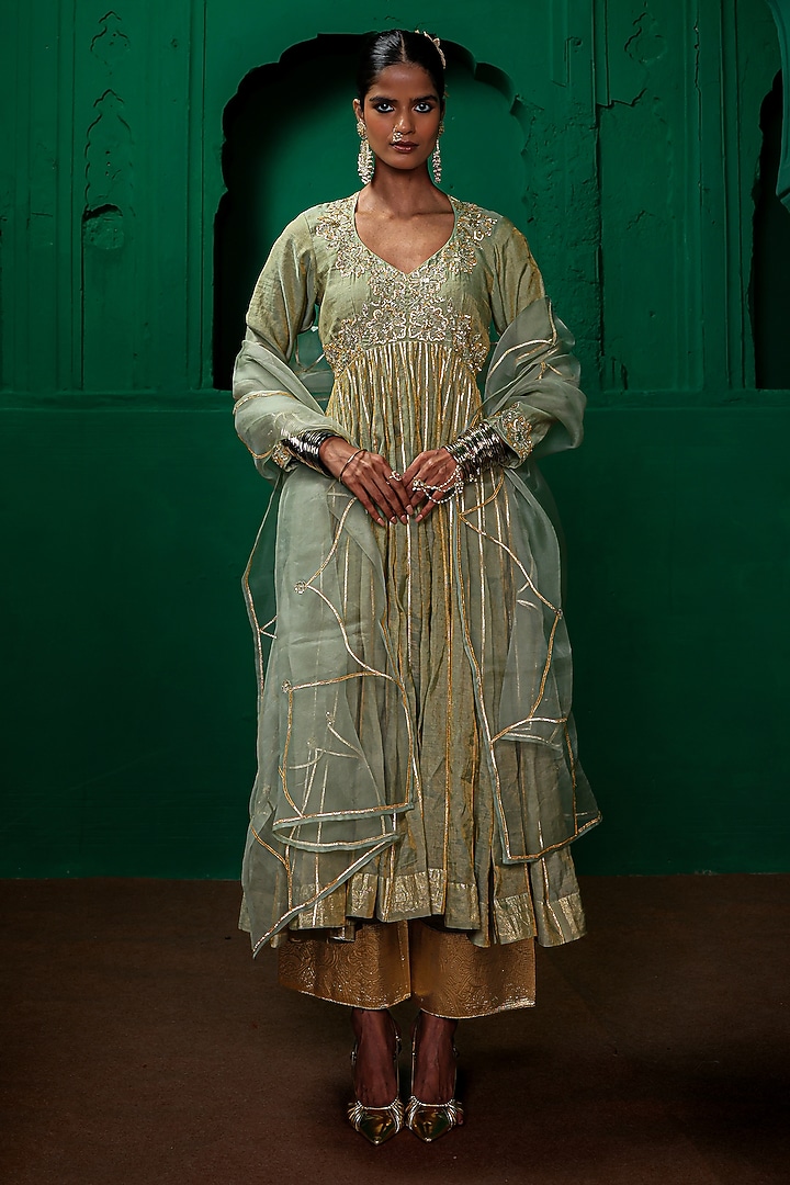 Sage Green Tissue Chanderi Zardosi Embroidered Kurta Set by Charu Makkar at Pernia's Pop Up Shop